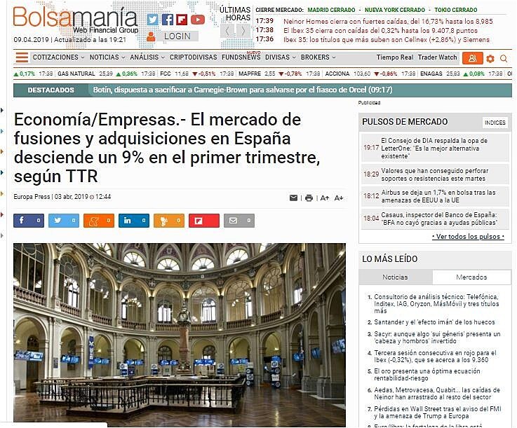 El mercado de fusiones y adquisiciones en Espaa desciende un 9% en el primer trimestre, segn TTR